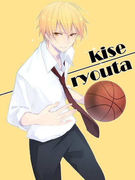 Anime picture 1200x1600 with kuroko no basket production i.g kise ryouta sama (artist) single tall image short hair simple background blonde hair yellow eyes looking away sweat character names yellow background boy necktie ball basketball ball
