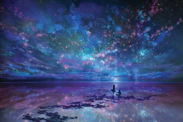 Anime picture 1600x1067 with original melissa hui wang cloud (clouds) couple scenic space silhouette water star (stars)