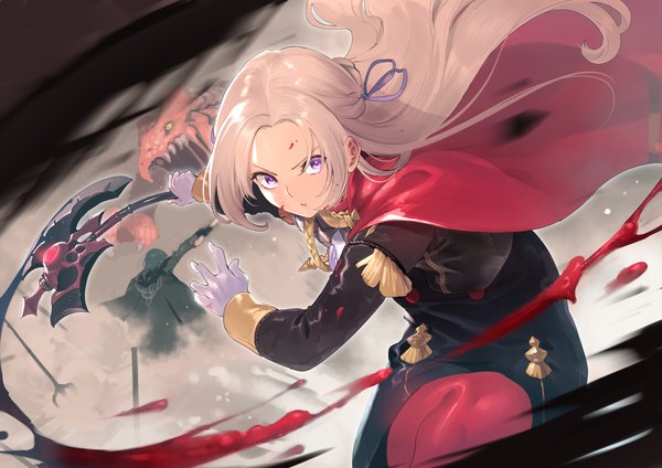 Anime-Bild 1403x992 mit fire emblem fire emblem: three houses nintendo edelgard von hresvelg byleth (fire emblem) byleth (male) (fire emblem) furukawa itsuse long hair looking at viewer fringe standing purple eyes holding silver hair bent knee (knees) long sleeves parted lips solo focus half updo fantasy