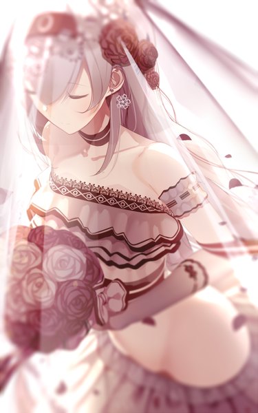 Anime-Bild 500x800 mit kantai collection shoukaku aircraft carrier atha (leejuiping) single long hair tall image fringe light erotic bare shoulders payot eyes closed hair flower from above grey hair blurry bare belly alternate costume depth of field girl dress