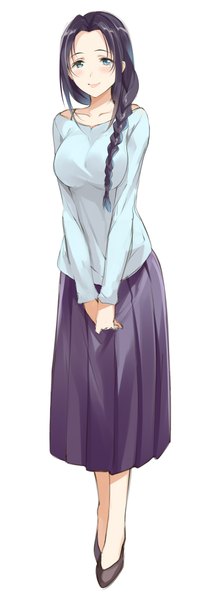 Anime picture 816x2336 with original senri gan single long hair tall image looking at viewer blush blue eyes black hair simple background smile white background braid (braids) pleated skirt single braid girl skirt