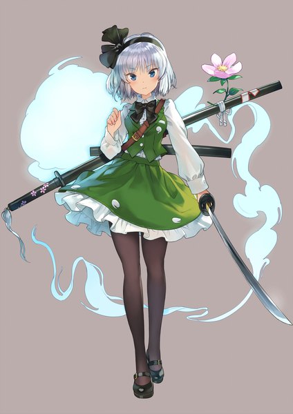 Anime picture 1200x1697 with touhou konpaku youmu myon matsuda (matsukichi) single tall image looking at viewer blush fringe short hair blue eyes simple background holding silver hair full body long sleeves floral print walking frilly skirt ghost