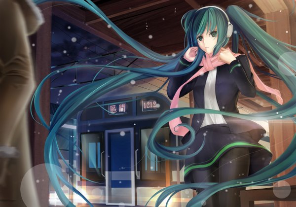 Anime picture 5125x3596 with vocaloid hatsune miku rayxray highres twintails looking away absurdres very long hair aqua eyes aqua hair night snowing winter girl skirt jacket headphones scarf train