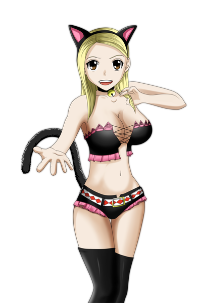 Anime picture 1000x1531 with fairy tail lucy heartfilia rocky-ace single long hair tall image open mouth light erotic blonde hair smile brown eyes animal ears cat ears midriff cat tail coloring transparent background girl thighhighs navel