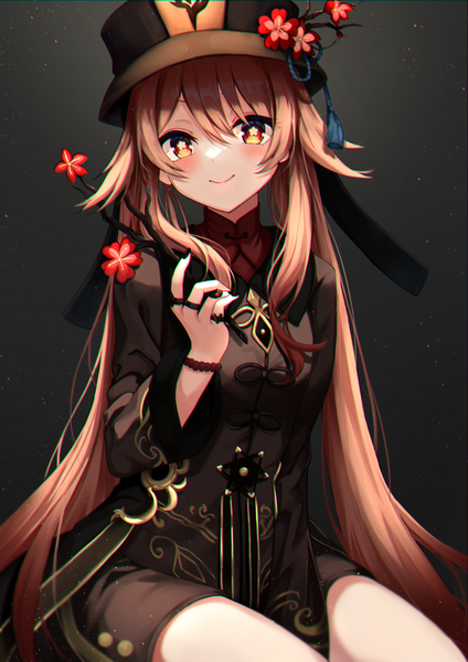 Anime picture 2480x3508 with genshin impact hu tao (genshin impact) nao (okt8538) single long hair tall image looking at viewer blush fringe highres simple background smile hair between eyes red eyes brown hair sitting twintails holding nail polish black background