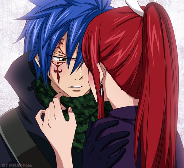 Anime picture 1012x926 with fairy tail erza scarlet jellal fernandes milady666 long hair blush short hair blue hair ponytail red hair grey eyes face to face face paint almost kiss girl boy gloves earrings cloak