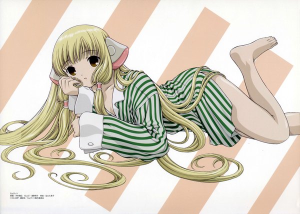 Anime picture 7010x5005 with chobits chii single long hair looking at viewer highres open mouth blonde hair brown eyes absurdres long sleeves barefoot official art striped head rest striped background girl shirt