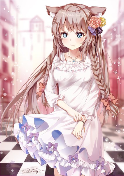 Anime picture 1800x2538 with original mutang single long hair tall image blush fringe highres blue eyes smile brown hair standing signed animal ears payot looking away indoors braid (braids) hair flower cat ears