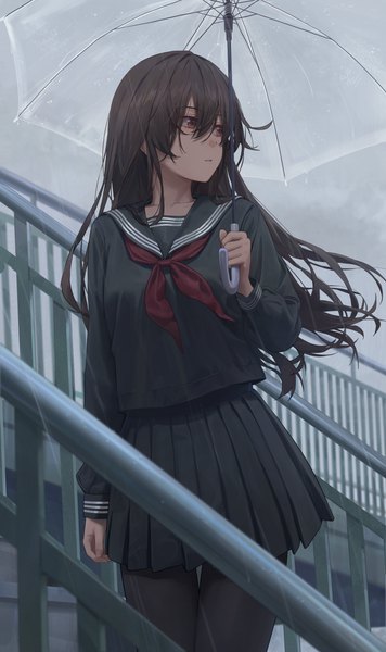 Anime picture 4501x7590 with original free style (yohan1754) single long hair tall image blush fringe highres hair between eyes brown hair standing holding brown eyes looking away absurdres sky outdoors long sleeves pleated skirt wind