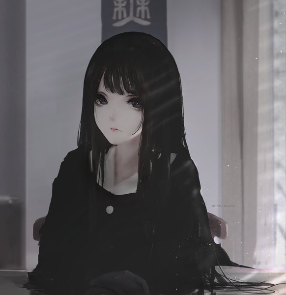 Anime picture 3860x3978 with original aoi ogata single long hair tall image looking at viewer fringe highres black hair absurdres upper body indoors black eyes lipstick light pink lipstick makeup girl window