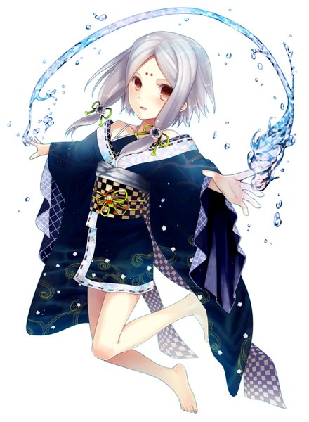 Anime picture 1077x1469 with original yuuki rika single tall image looking at viewer blush short hair simple background red eyes white background payot silver hair traditional clothes japanese clothes barefoot bare legs facial mark spread arms girl water