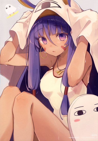 Anime picture 2796x4015 with fate (series) fate/grand order nitocris (fate) medjed nitocris (swimsuit assassin) (fate) oshio (dayo) single long hair tall image looking at viewer blush fringe highres breasts open mouth light erotic simple background hair between eyes sitting purple eyes