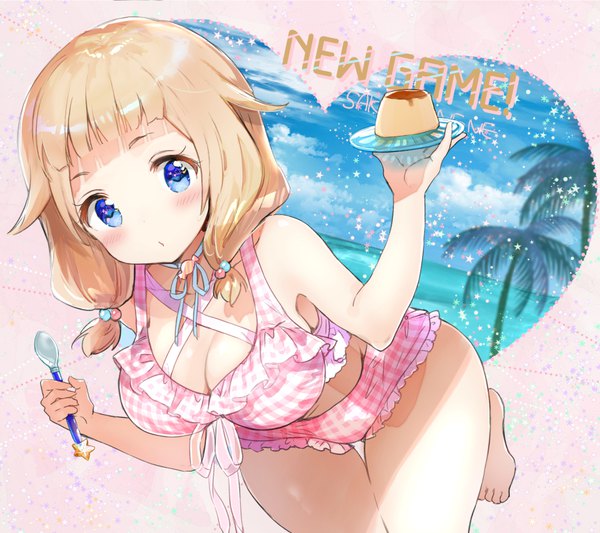 Anime picture 918x816 with new game! doga kobo sakura nene hayama eishi single long hair looking at viewer blush fringe breasts blue eyes light erotic blonde hair large breasts twintails holding sky cleavage cloud (clouds) blunt bangs