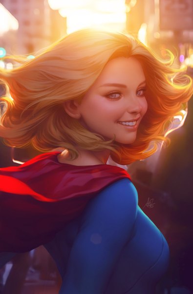 Anime picture 856x1300 with dc comics supergirl artgerm (stanley lau) single long hair tall image looking at viewer breasts blue eyes blonde hair smile signed upper body outdoors looking back wind lips sunlight realistic teeth