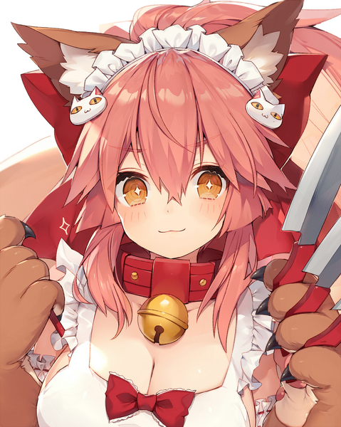 Anime picture 798x1000 with fate (series) fate/grand order tamamo (fate) (all) tamamo cat (fate) muryotaro single long hair tall image looking at viewer blush fringe breasts light erotic simple background hair between eyes large breasts standing white background holding animal ears