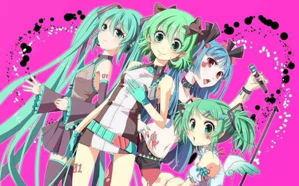 Anime picture 1200x750 with vocaloid swet devil hatsune miku hiiro (kikokico) long hair looking at viewer short hair simple background smile red eyes wide image standing sitting twintails bare shoulders multiple girls green eyes nail polish pleated skirt hair flower