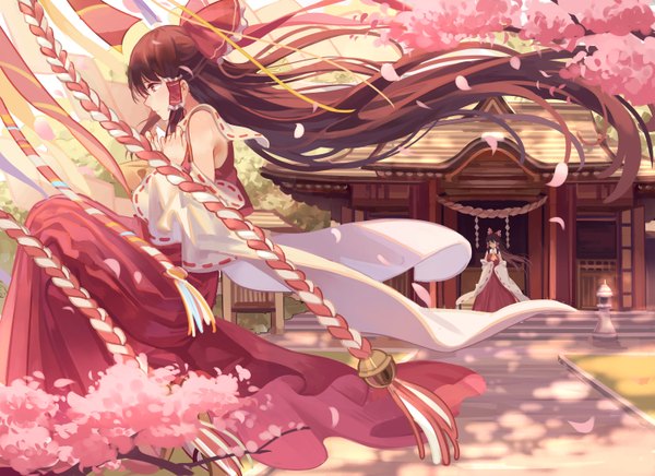 Anime picture 3027x2200 with touhou hakurei reimu zicai tang fringe highres brown hair multiple girls brown eyes absurdres bent knee (knees) outdoors very long hair traditional clothes japanese clothes profile wind shadow cherry blossoms miko walking