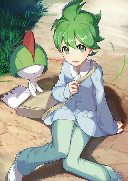 Anime picture 4961x7016 with pokemon pokemon (game) pokemon oras nintendo ralts wally (pokemon) kokouno oyazi single tall image looking at viewer fringe highres short hair hair between eyes absurdres outdoors green hair from above grey eyes gen 3 pokemon