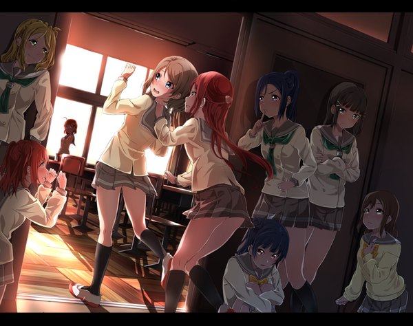 Anime-Bild 3585x2833 mit love live! sunshine!! sunrise (studio) love live! sakurauchi riko tsushima yoshiko watanabe you takami chika kurosawa ruby kurosawa dia matsuura kanan kunikida hanamaru ohara mari yuuki (nijiiro palette) long hair looking at viewer blush fringe highres short hair blue eyes