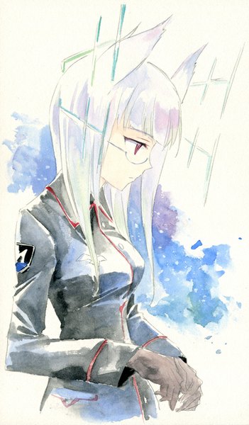 Anime picture 468x800 with strike witches heidimarie w schnaufer agahari single long hair tall image fringe animal ears silver hair profile pink eyes looking down traditional media watercolor (medium) girl gloves uniform black gloves glasses military uniform