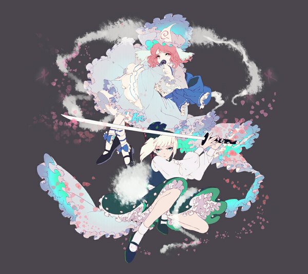 Anime picture 900x800 with touhou konpaku youmu saigyouji yuyuko myon okomeuma looking at viewer fringe short hair blue eyes simple background multiple girls pink hair white hair pink eyes grey background girl bow weapon 2 girls hair bow