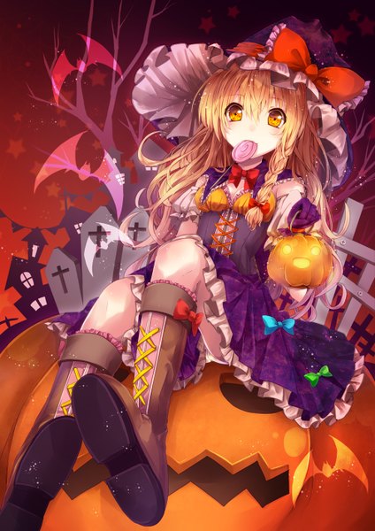 Anime picture 1000x1414 with touhou kirisame marisa sakura ran single long hair tall image looking at viewer blonde hair yellow eyes braid (braids) pantyshot sitting halloween witch girl dress bow hair bow boots witch hat lollipop