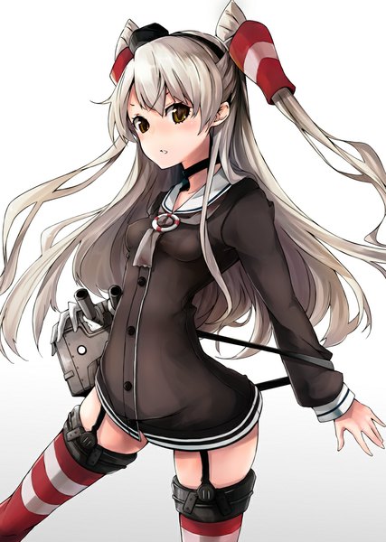 Anime picture 783x1100 with kantai collection amatsukaze destroyer rensouhou-kun mille (dieci) single long hair tall image looking at viewer blush simple background white background brown eyes silver hair two side up girl thighhighs gloves hat white gloves garter straps