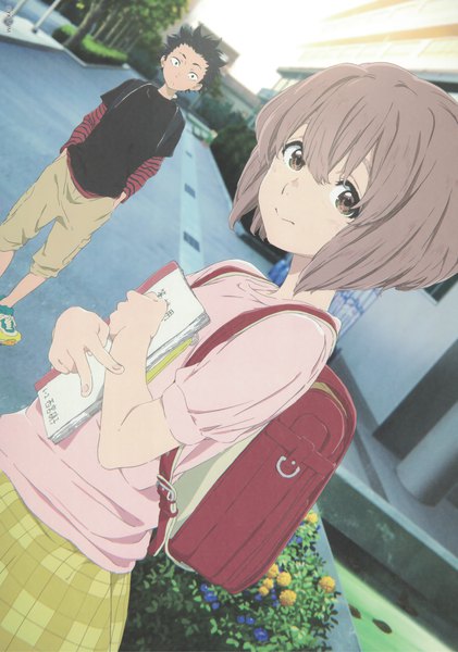 Anime picture 3229x4606 with koe no katachi kyoto animation nishimiya shouko ishida shouya tall image looking at viewer fringe highres short hair black hair hair between eyes brown hair brown eyes absurdres scan official art victory hands in pockets alternate age younger