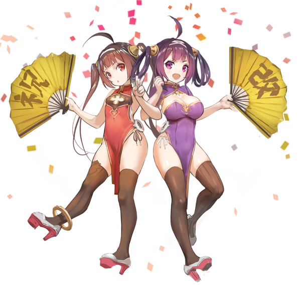 Anime picture 891x897 with azur lane ping hai (azur lane) ning hai (azur lane) ha2ru long hair tall image looking at viewer breasts open mouth light erotic simple background red eyes brown hair large breasts white background twintails purple eyes multiple girls cleavage purple hair