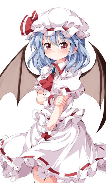 Anime picture 583x1000 with touhou remilia scarlet ruu (tksymkw) single long hair tall image looking at viewer blush simple background red eyes white background blue hair bat wings girl skirt wings bonnet skirt set neckerchief brooch