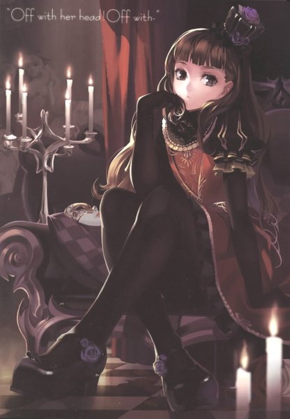 Anime picture 879x1267 with alice in wonderland alice (wonderland) alphonse (white datura) single tall image brown hair brown eyes looking away crossed legs hand on chest dress gloves flower (flowers) hat pantyhose black gloves elbow gloves shoes pillow rose (roses)