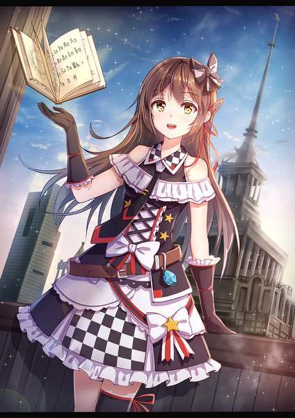Anime picture 848x1200 with original byakuya reki long hair tall image looking at viewer fringe open mouth smile brown hair standing yellow eyes sky outdoors :d dutch angle sleeveless letterboxed architecture girl thighhighs