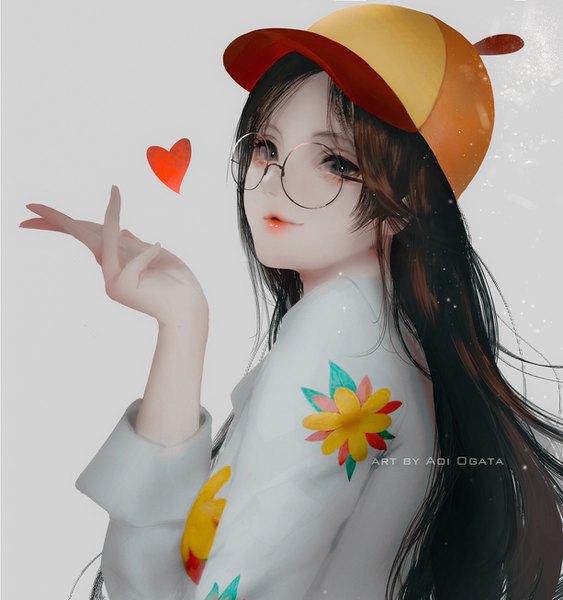 Anime picture 1225x1306 with original aoi ogata single long hair tall image looking at viewer fringe simple background brown hair signed upper body light smile lips black eyes girl glasses heart baseball cap