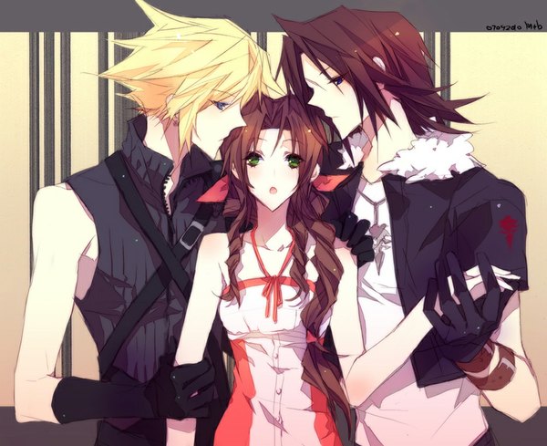 Anime picture 1024x835 with final fantasy final fantasy vii final fantasy viii square enix aerith gainsborough cloud strife squall leonhart o*mix long hair short hair open mouth blue eyes blonde hair brown hair bare shoulders green eyes multiple boys holding hands open collar no nose