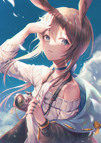 Anime picture 740x1047 with arknights amiya (arknights) ozzingo single long hair tall image looking at viewer blush fringe blue eyes hair between eyes brown hair bare shoulders holding animal ears sky cloud (clouds) upper body outdoors long sleeves