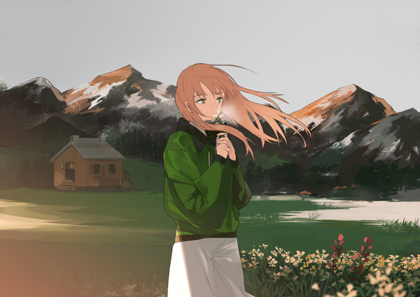 Anime picture 1062x752 with original lowe (slow) single long hair fringe brown hair standing green eyes looking away outdoors wind mountain exhalation girl flower (flowers) jacket building (buildings) house