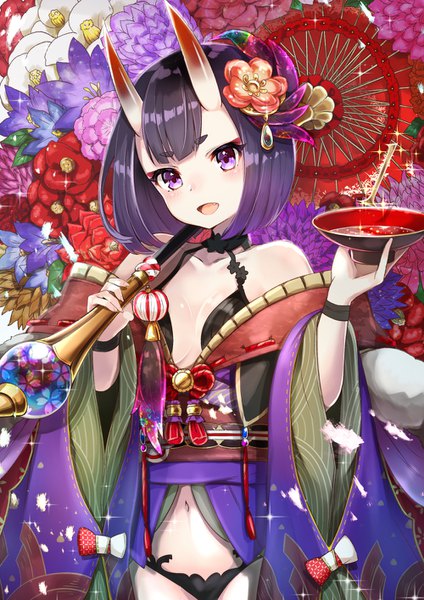 Anime picture 1000x1414 with fate (series) fate/grand order shuten douji (fate) pilokey single tall image looking at viewer blush fringe short hair breasts open mouth light erotic smile standing purple eyes bare shoulders holding purple hair traditional clothes