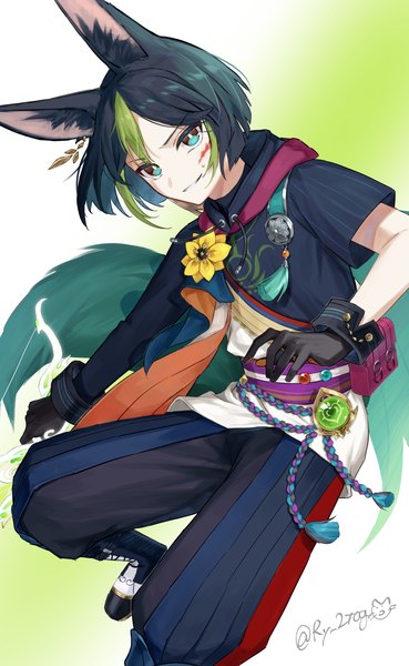 Anime picture 1056x1718 with genshin impact tighnari (genshin impact) komagami single tall image looking at viewer short hair black hair smile signed animal ears tail animal tail multicolored hair aqua eyes streaked hair twitter username blood on face smirk boy