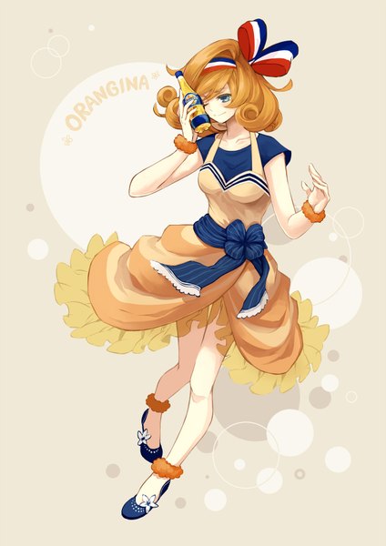 Anime picture 1240x1754 with original orangina nekogohan single tall image short hair blue eyes one eye closed wink orange hair flag print girl dress bow ribbon (ribbons) hair ribbon shoes bracelet bottle