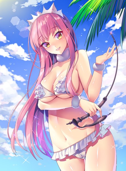 Anime picture 2480x3366 with fate (series) fate/grand order medb (fate) may (2747513627) single long hair tall image looking at viewer blush fringe highres breasts light erotic smile large breasts standing bare shoulders holding yellow eyes payot