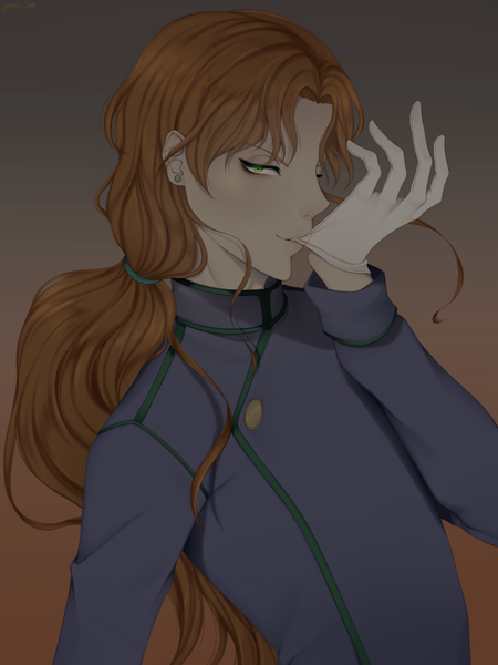 Anime picture 3000x4000 with bishoujo senshi sailor moon toei animation zoisite (sailor moon) pastel-puke single long hair tall image looking at viewer highres simple background brown hair holding green eyes upper body profile gradient background mouth hold portrait low ponytail adjusting clothes