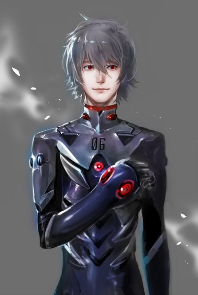 Anime picture 650x969 with neon genesis evangelion rebuild of evangelion gainax nagisa kaworu drdklee45 single tall image looking at viewer fringe short hair simple background hair between eyes red eyes upper body light smile grey hair realistic grey background boy bodysuit