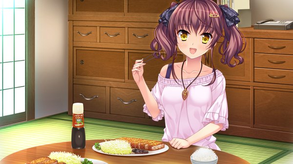 Anime picture 1280x720 with natsu no iro no nostalgia moonstone orikuchi miu yamakaze ran single looking at viewer blush short hair open mouth brown hair wide image twintails yellow eyes game cg girl bow hair bow food pendant