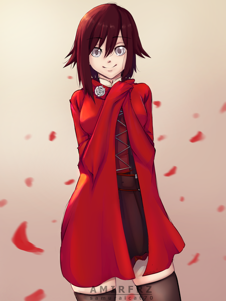 Anime picture 3000x4000 with rwby rooster teeth ruby rose samuraicat70 single tall image looking at viewer fringe highres short hair simple background smile hair between eyes signed red hair zettai ryouiki gradient background silver eyes girl thighhighs