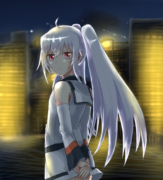 Anime picture 1000x1100 with plastic memories isla (plastic memories) somechime (sometime1209) single long hair tall image fringe hair between eyes red eyes standing twintails bare shoulders payot looking away sky silver hair ahoge looking back night wide sleeves