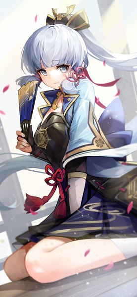 Anime picture 1068x2310 with genshin impact kamisato ayaka goomrrat single long hair tall image looking at viewer fringe blue eyes smile sitting holding payot blue hair ponytail traditional clothes japanese clothes blurry floating hair wariza