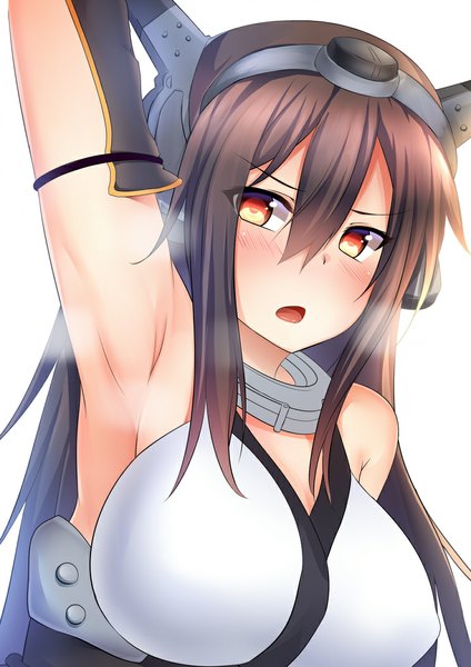 Anime picture 744x1052 with kantai collection nagato battleship suteba (grzjkbhgf) single long hair tall image looking at viewer blush breasts open mouth light erotic brown hair large breasts white background yellow eyes armpit (armpits) girl hair ornament