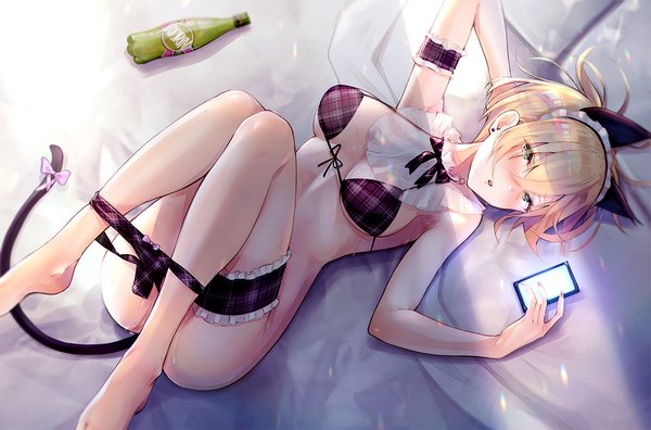 Anime picture 1400x925 with original pecolondon single looking at viewer blush fringe short hair breasts open mouth light erotic blonde hair hair between eyes green eyes animal ears payot tail lying animal tail barefoot :o