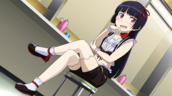 Anime picture 1280x720 with ore no imouto ga konna ni kawaii wake ga nai gokou ruri single long hair blush open mouth black hair wide image sitting purple eyes game cg crossed legs girl thighhighs ribbon (ribbons) hair ribbon white thighhighs shorts