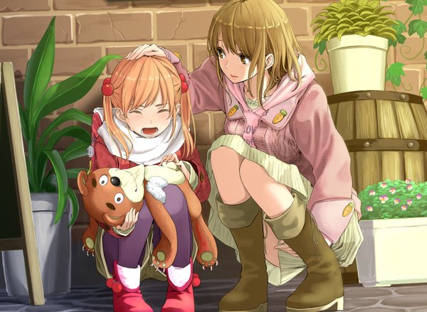 Anime picture 1369x1002 with original yoropa long hair open mouth blonde hair brown hair twintails multiple girls brown eyes eyes closed squat hand on head crying girl skirt hair ornament flower (flowers) 2 girls pantyhose thigh boots